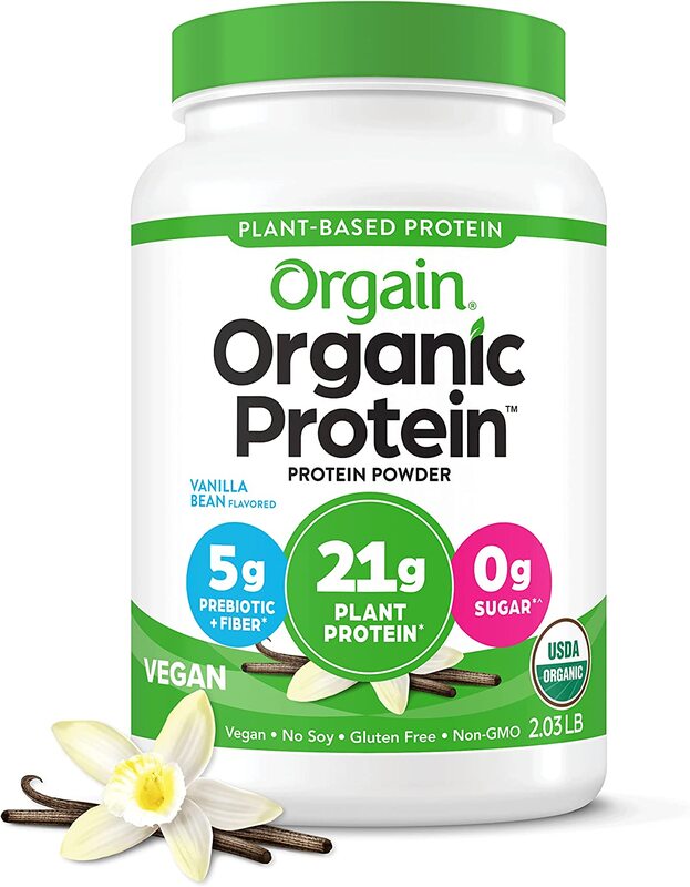 Orgain Organic Plant Based Protein Powder, Vanilla Bean - Vegan, Low Net Carbs, Non Dairy, Gluten Free, Lactose Free, No Sugar Added, Soy Free, Kosher, Non-GMO, 2.03 Pound